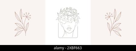 Linear simple pastel greeting card set with art deco blossom woman portrait natural dandelion logo vector illustration. Monochrome minimalist botanica Stock Vector