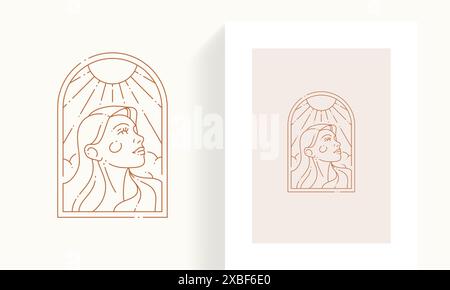 Hand drawn portrait elegant lady face under sun light in lineart frame minimalist icon card vector illustration. Adorable beauty female posing natural Stock Vector