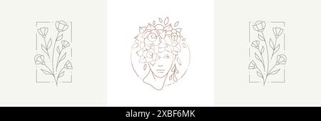 Botanical simple linear icon set in frames with female blossom portrait and wild cute flowers bouquet pastel vector illustration. Monochrome logo for Stock Vector