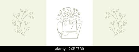 Linear simple flower bouquet with lotus in watering can and cranberry, lingonberry branches with berries postcard set. Monochrome minimalist botanical Stock Vector