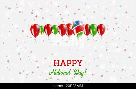 Namibia Independence Day Sparkling Patriotic Poster. Row of Balloons in Colors of the Namibian Flag. Greeting Card with National Flags, Confetti and S Stock Vector