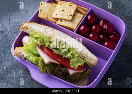 Delicious healthy sandwich in a lunch box, cookies and cherries. Take lunch with you to school or the office Stock Photo
