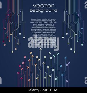 Abstract technological dark blue background with colorful elements of the microchip. Circuit board background texture. Vector illustration. Stock Vector