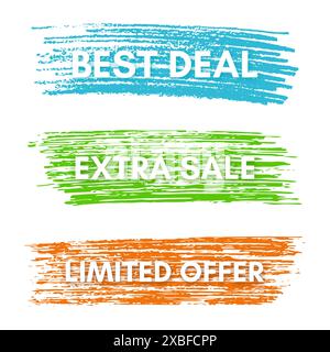Best Deal, Extra Sale, Limited Offer. Set of three sale banners on the colorful painted spots. Vector illustration Stock Vector