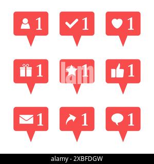Set of nine notifications in social media. Heart, star, follower, message, check, gift, comment, like, repost. Vector illustration. Stock Vector