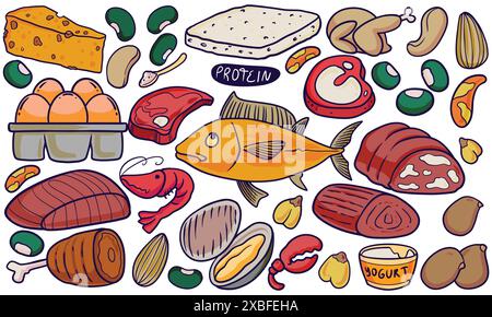 Colorful Hand drawn doodle food healthy vector diet menu organic natural health nutrition fruit illustration isolated on white background. Stock Vector