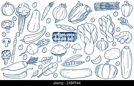Black and white Vegetable Doodle Illustration set. Hand drawn sets of vegetables isolated on white background in colorful style. Stock Vector