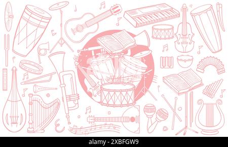 Pink hand drawn set of classic and jazz music instruments in doodle style isolated on white background. Stock Vector