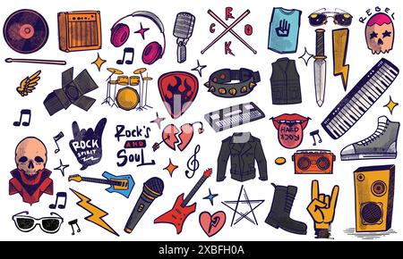 Colorful hand drawn set of rock music doodle music instruments in doodle style isolated on white background. Stock Vector