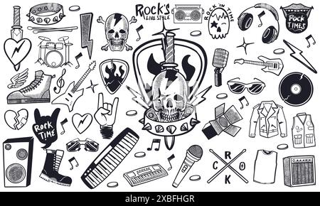 Black and white hand drawn set of rock music doodle music instruments in doodle style isolated on white background. Stock Vector
