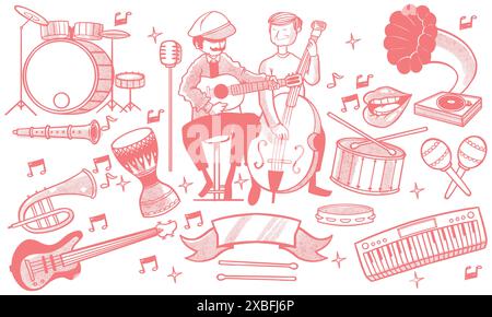 Pink hand drawn set of jazz music doodle set. music instruments concept in doodle style isolated on white background. Stock Vector