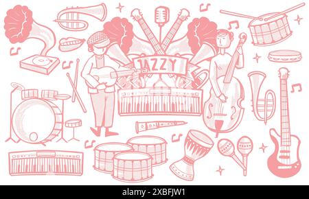 Pink hand drawn set of jazz music doodle set. music instruments concept in doodle style isolated on white background. Stock Vector