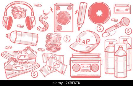 Pink hand drawn set of rap music doodle set. music instruments concept in doodle style isolated on white background. Stock Vector