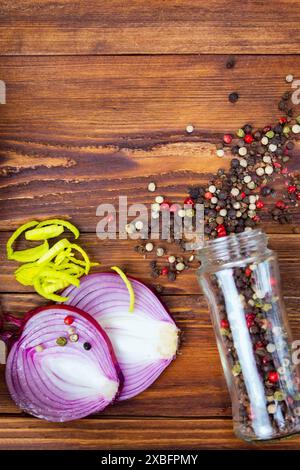 Spices frame on wooden table Stock Photo