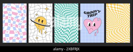 Psychedelic checkerboards with distorted grid tile and groovy hippie stickers. Checkered seamless pattern backgrounds in retro y2k style. Warped chessboard with funky melting pink heart and smile face Stock Vector