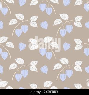 Physalis blue and beige colors pattern, decorative branch of dried flowers on brown pastel background. Vector illustration Stock Vector