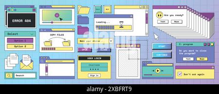 Retro computer interface, digital screen with open software windows, buttons, browser, folder, file, loading progress bar and error icons in trendy y2k style. Vaporwave old desktop pc design elements. Stock Vector