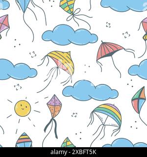 Different kites in sky seamless pattern Stock Vector