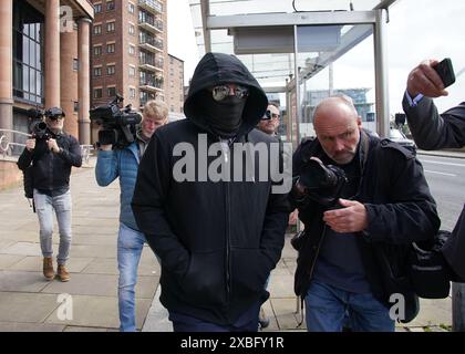 Adam Carruthers, 31, from Wigton, leaves Newcastle Crown Court, where he denied causing criminal damage following the felling of the Sycamore Gap tree, valued at £622,000 and £1,114 damage to Hadrian's Wall, which is a World Heritage Site. Picture date: Wednesday June 12, 2024. Stock Photo