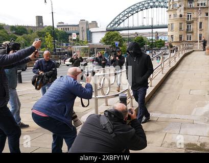Adam Carruthers, 31, from Wigton, leaves Newcastle Crown Court, where he denied causing criminal damage following the felling of the Sycamore Gap tree, valued at £622,000 and £1,114 damage to Hadrian's Wall, which is a World Heritage Site. Picture date: Wednesday June 12, 2024. Stock Photo
