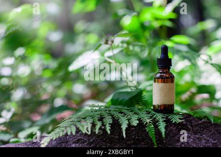 Dropper Bottle on Forest Floor, Blank Label Stock Photo