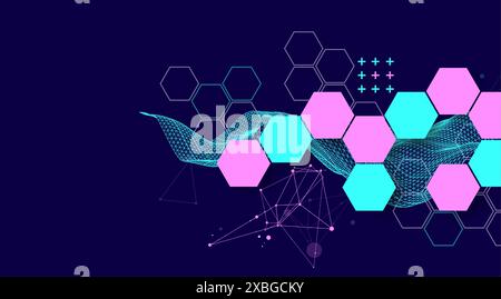 The abstract wave with hexagon is made in a frame style. Template for science and technology presentation. Hand drawn vector art. Stock Vector