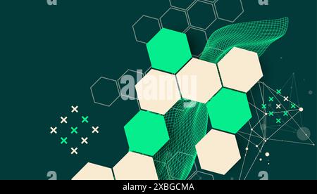 The abstract wave with hexagon is made in a frame style. Template for science and technology presentation. Hand drawn vector art. Stock Vector