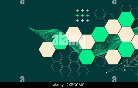 The abstract wave with hexagon is made in a frame style. Template for science and technology presentation. Hand drawn vector art. Stock Vector