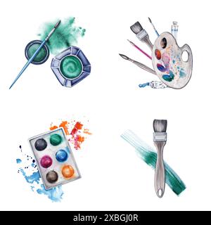 Flat lay compositions with green paint bottle, palette and brush stroke with splatter. Watercolor illustration isolated on white background. Design Stock Photo