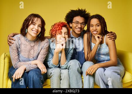 Young multicultural friends in stylish attire relax on a yellow couch in a studio setting. Stock Photo