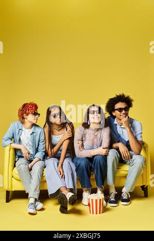 Multicultural group in stylish attire relaxes on a vibrant yellow couch in a studio setting. Stock Photo