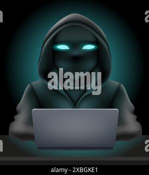young hacker programmer it specialist coder sitting at a laptop in a sweater with a hood vector illustration Stock Vector