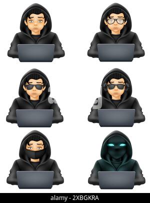 young hacker programmer it specialist coder sitting at a laptop in a sweater with a hood vector illustration Stock Vector