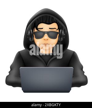 young hacker programmer it specialist coder sitting at a laptop in a sweater with a hood vector illustration Stock Vector