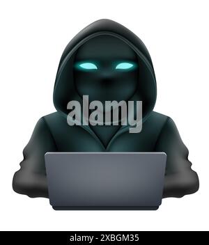 young hacker programmer it specialist coder sitting at a laptop in a sweater with a hood vector illustration Stock Vector