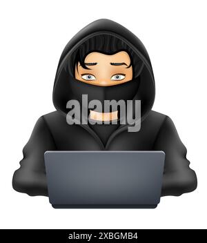 young hacker programmer it specialist coder sitting at a laptop in a sweater with a hood vector illustration Stock Vector