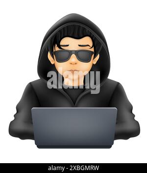 young hacker programmer it specialist coder sitting at a laptop in a sweater with a hood vector illustration Stock Vector