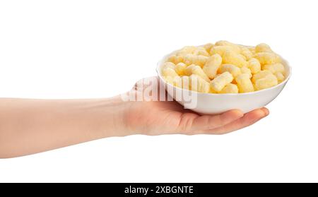 corn sticks bowl in hand path isolated on white Stock Photo