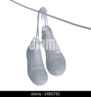 Polygonal model Sneakers hanging from a rope on the white background. Vector illustration. 3D. Stock Vector