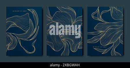 Vector set of floral card backgrounds, wedding, birthday floral background. Leaf spring brochure, gold on black, vintage illustration. Wavy plants Stock Vector