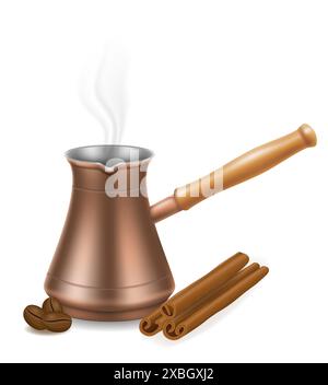 copper turkish coffee pot with wooden handle for making drink vector illustration isolated on white background Stock Vector