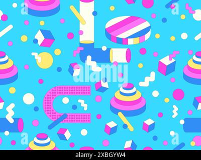 Memphis geometric seamless pattern with 3D shapes in 80s and 90s style. Isometric geometric 3D shapes. Colorful geometric background design for wrappe Stock Vector