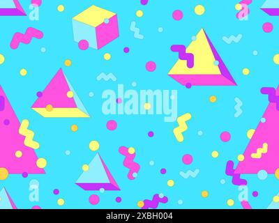 Memphis geometric seamless pattern with 3D shapes in 80s and 90s style. Isometric geometric 3D shapes. Colorful geometric background design for wrappe Stock Vector