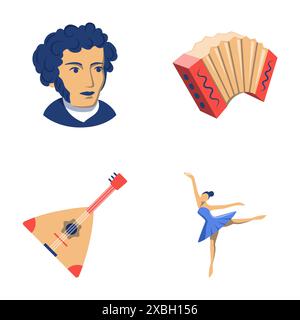 Russian culture national symbols flat icon set. Music instruments, ballet, poet line icons. Vector illustration. Stock Vector