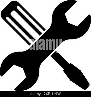 Black silhouette of a screwdriver and wrench crossed over each other, forming an X on a white background. Stock Vector