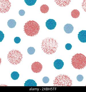 Vector seamless pattern pompom irregular blue, pink and red color on white background. Holiday Christmass or birthday baby repeating pattern. Pon pon Stock Vector