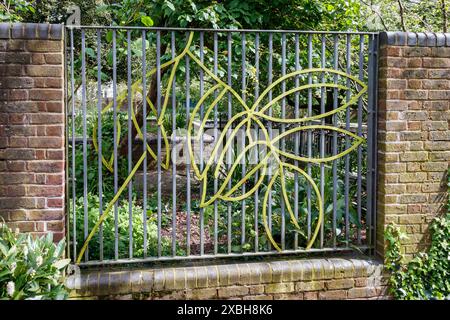 Ornamentation on the railings of the Noel-Baker Peace Garden in Elthorne Park, North Islington, London, UK Stock Photo
