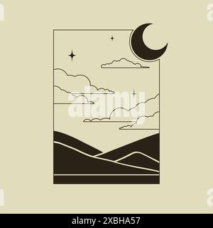 Minimalist landscape with mountains at the night. Aesthetic desert silhouette 2d vector artwork. Modern minimal linear badge, emblem for social media, Stock Vector