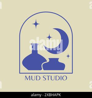 Minimalist logo illustration with ceramic vases emblem. Contemporary blue art with pottery elements. Pottery workshop, mud studio. Mid century art pri Stock Vector