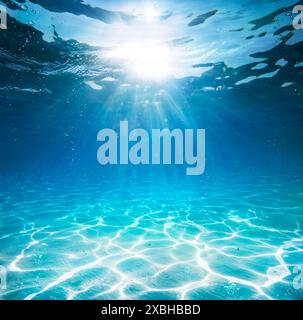 Underwater In Blue Sea - Deep Water Abyss With Abstract Sunshine Stock Photo